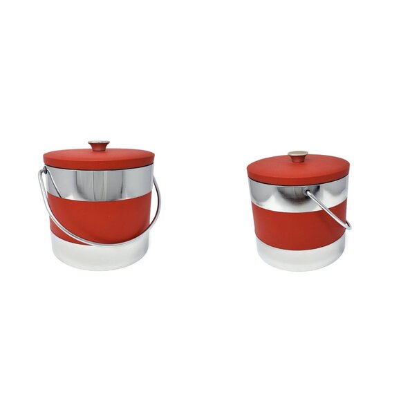 Red Vinyl and Chrome Ice Bucket with Carrying Handle and Plastic Insert - Picture 3 of 9